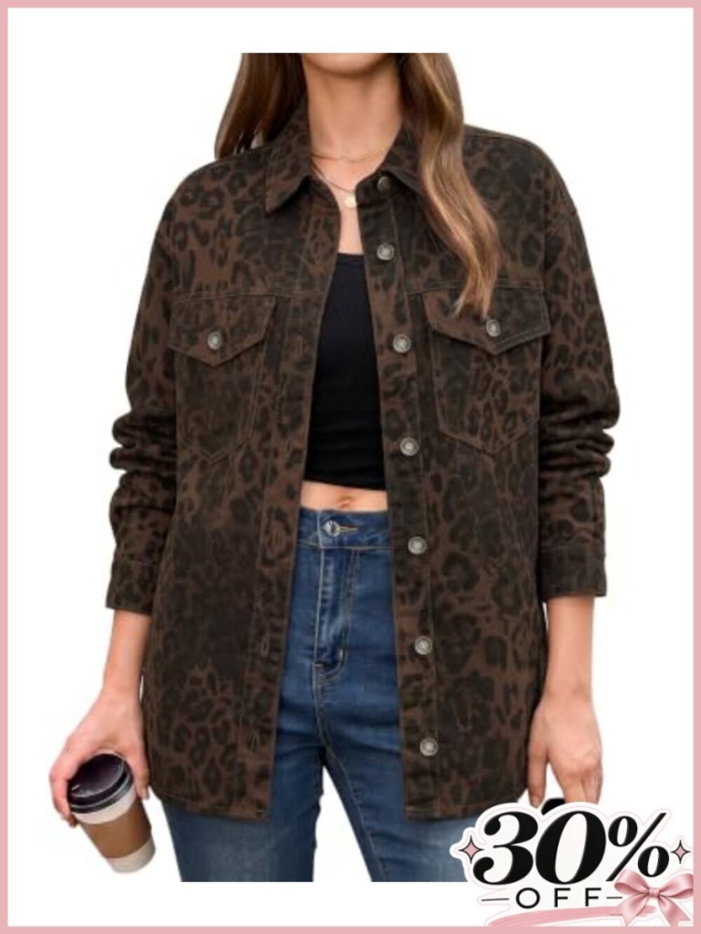 Leopard Print Oversized Denim Jacket Button Down Shacket
